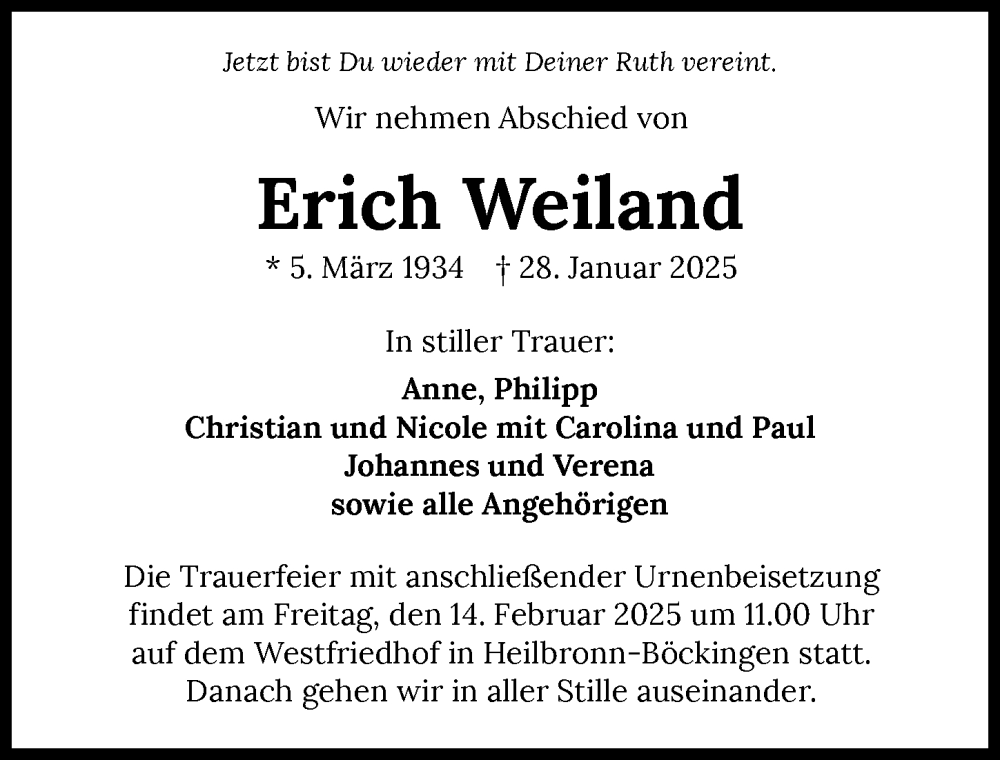  Traueranzeige für Erich Weiland vom 08.02.2025 aus GESAMT