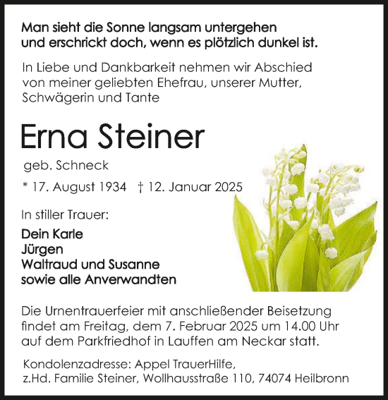 Traueranzeige von Erna Steiner von GESAMT
