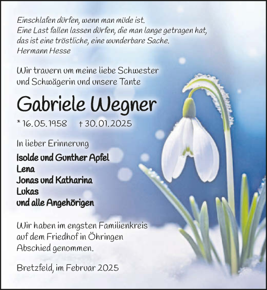 Traueranzeige von Gabriele Wegner von GESAMT