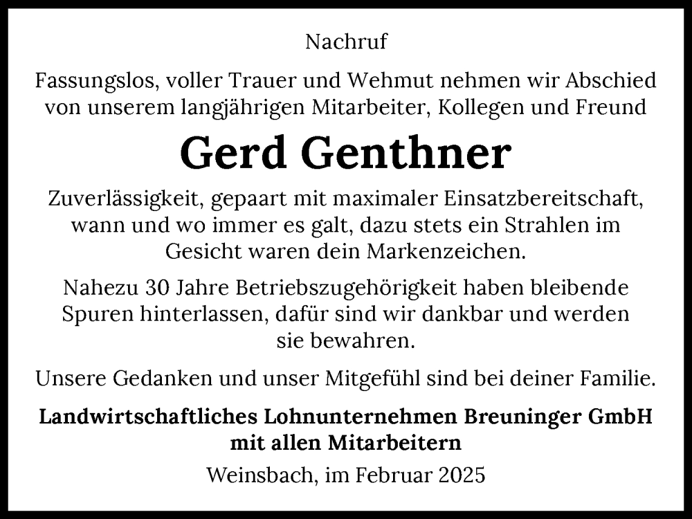  Traueranzeige für Gerd Genthner vom 21.02.2025 aus GESAMT