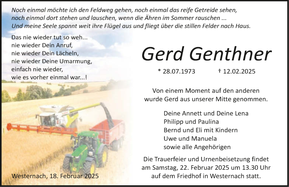 Traueranzeige für Gerd Genthner vom 18.02.2025 aus GESAMT