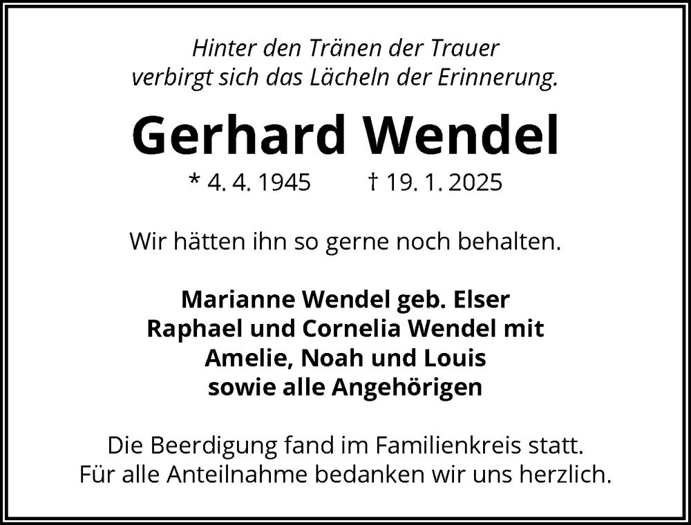  Traueranzeige für Gerhard Wendel vom 01.02.2025 aus GESAMT
