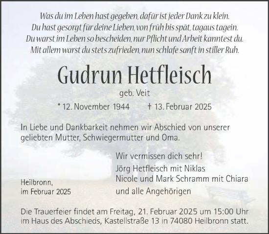 Traueranzeige von Gudrun Hetfleisch von GESAMT