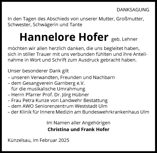 Traueranzeige von Hannelore Hofer von GESAMT