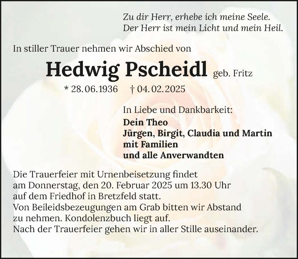  Traueranzeige für Hedwig Pscheidl vom 15.02.2025 aus GESAMT