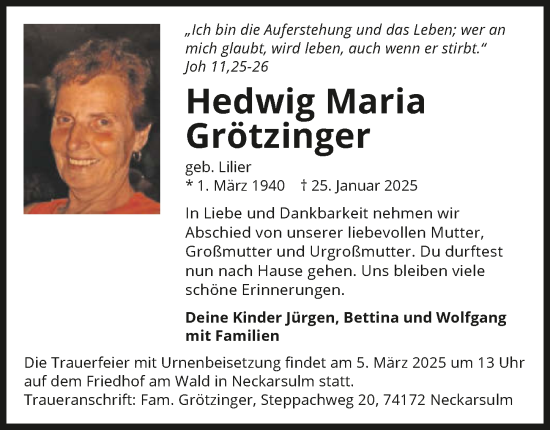 Traueranzeige von Hedwig Maria Grötzinger von GESAMT
