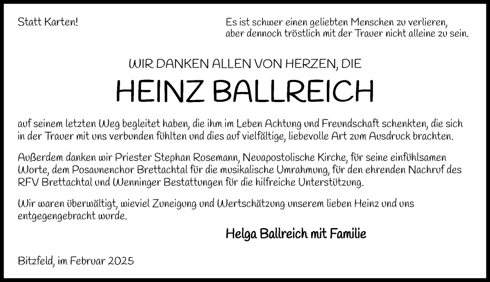  Traueranzeige für Heinz Ballreich vom 26.02.2025 aus GESAMT