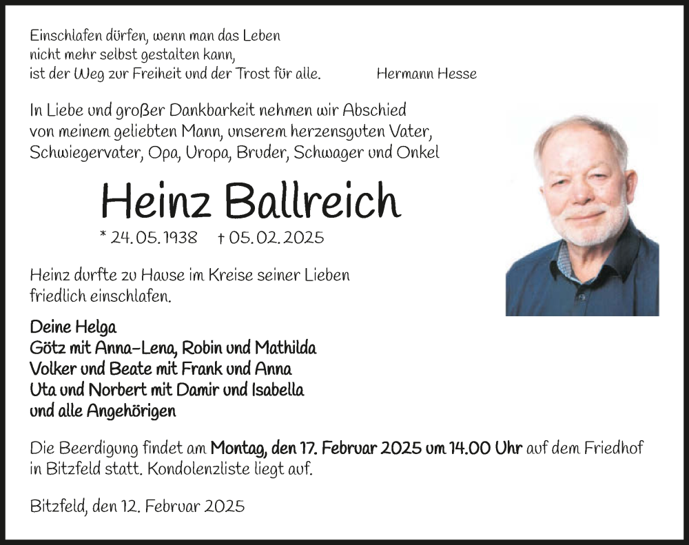  Traueranzeige für Heinz Ballreich vom 12.02.2025 aus GESAMT