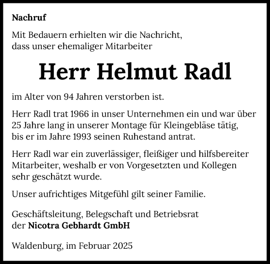 Traueranzeige von Helmut Radl von GESAMT