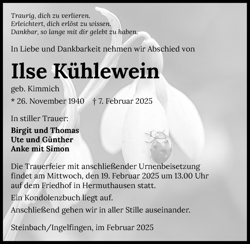  Traueranzeige für Ilse Kühlewein vom 15.02.2025 aus GESAMT