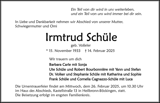 Traueranzeige von Irmtrud Schüle von GESAMT