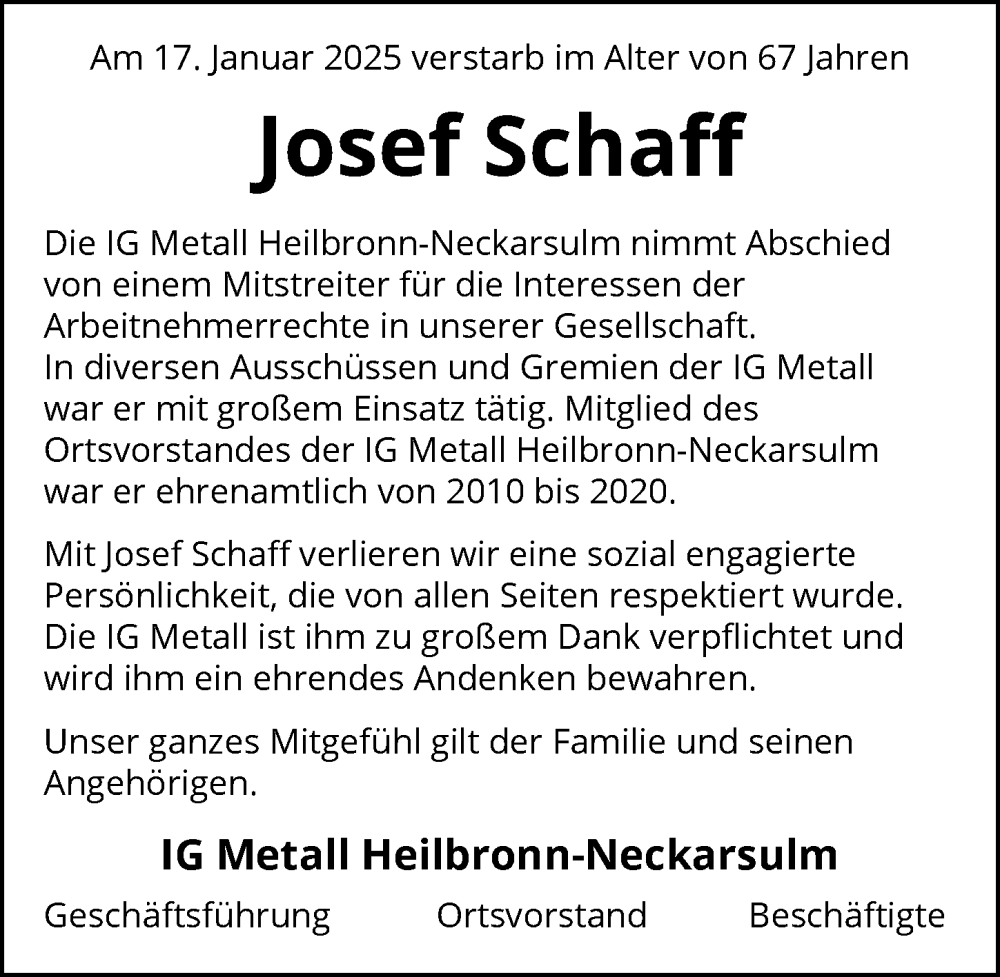  Traueranzeige für Josef Schaff vom 06.02.2025 aus GESAMT