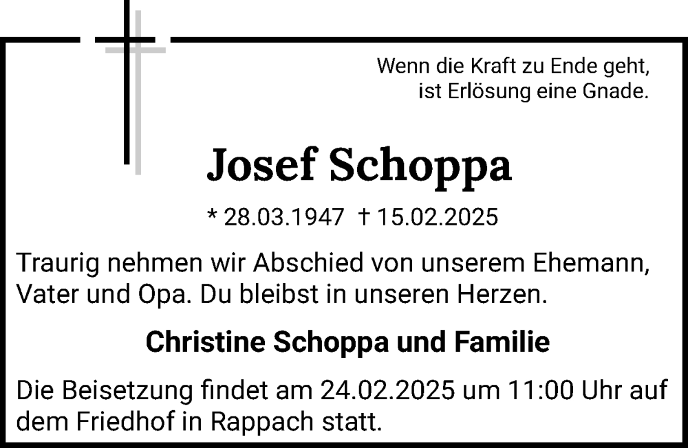  Traueranzeige für Josef Schoppa vom 21.02.2025 aus GESAMT