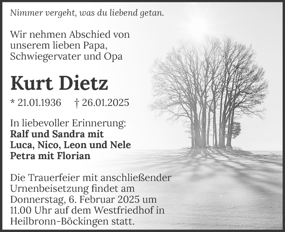  Traueranzeige für Kurt Dietz vom 01.02.2025 aus GESAMT