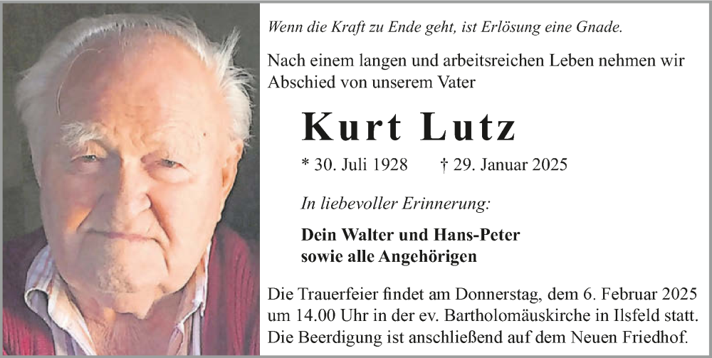  Traueranzeige für Kurt Lutz vom 01.02.2025 aus GESAMT