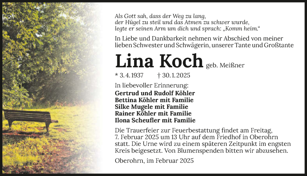  Traueranzeige für Lina Koch vom 04.02.2025 aus GESAMT
