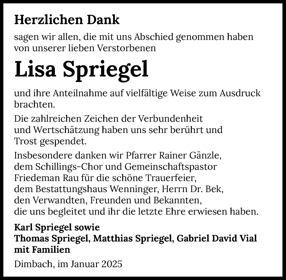  Traueranzeige für Lisa Spriegel vom 01.02.2025 aus GESAMT
