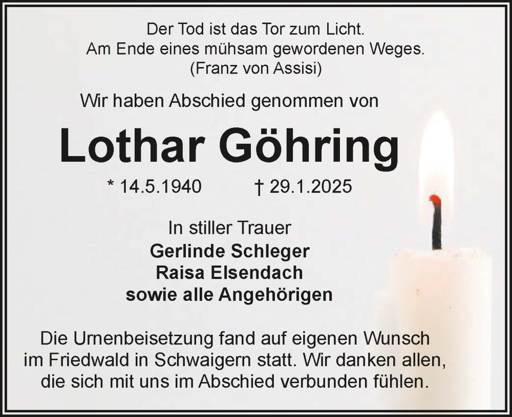  Traueranzeige für Lothar Göhring vom 21.02.2025 aus GESAMT
