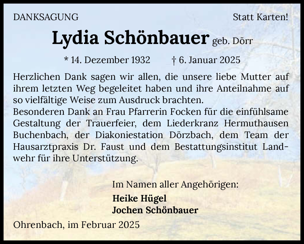 Traueranzeige für Lydia Schönbauer vom 22.02.2025 aus GESAMT