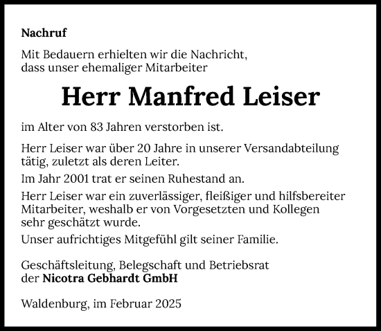 Traueranzeige von Manfred Leiser von GESAMT
