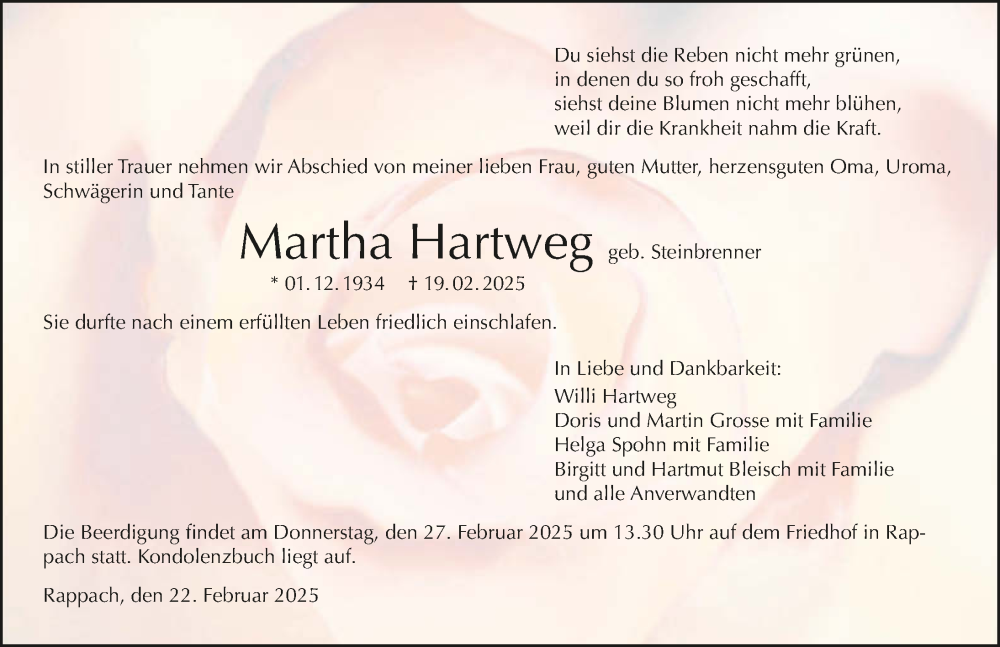  Traueranzeige für Martha Hartweg vom 22.02.2025 aus GESAMT
