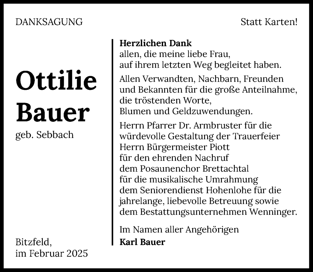  Traueranzeige für Ottilie Bauer vom 21.02.2025 aus GESAMT