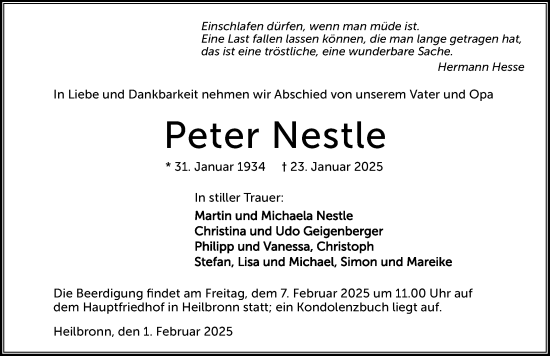 Traueranzeige von Peter Nestle von GESAMT
