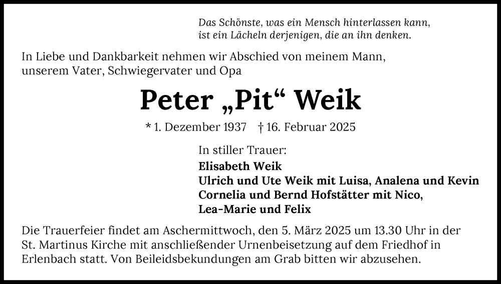  Traueranzeige für Peter Weik vom 22.02.2025 aus GESAMT