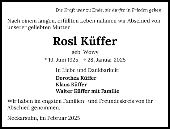 Traueranzeige von Rosl Küffer von GESAMT