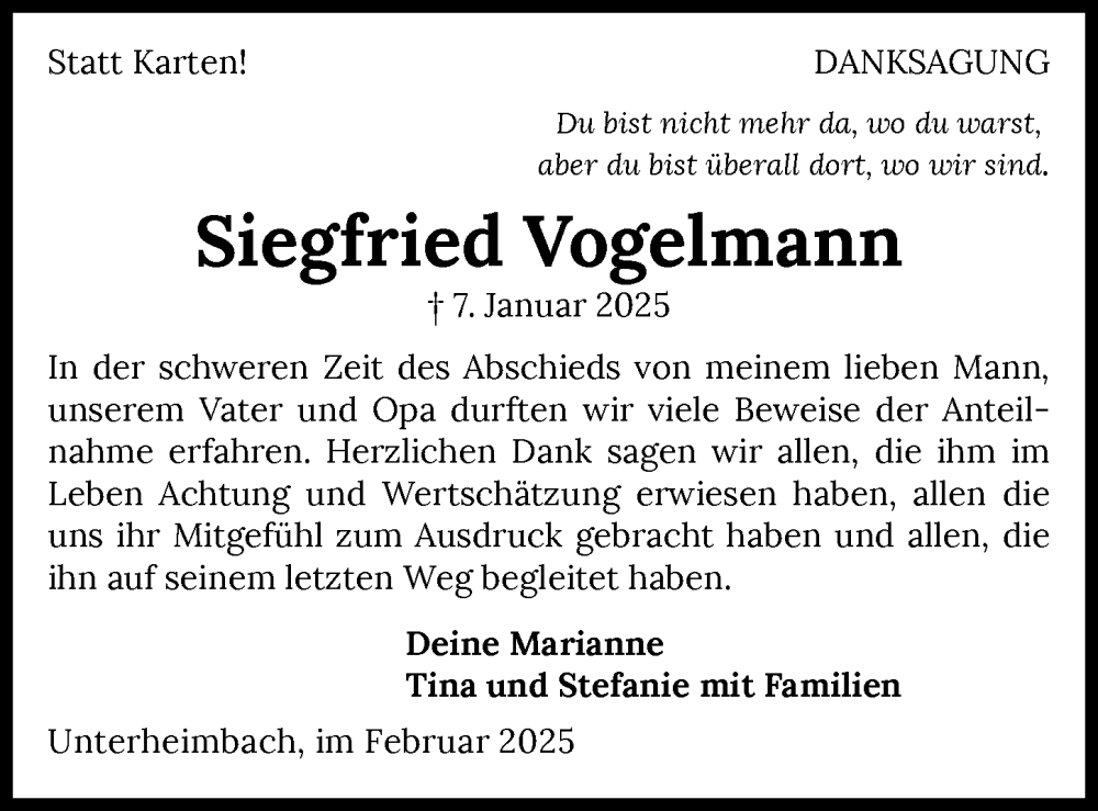  Traueranzeige für Siegfried Vogelmann vom 01.02.2025 aus GESAMT