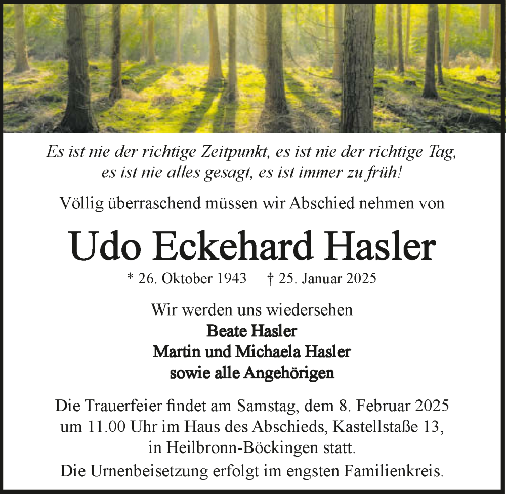  Traueranzeige für Udo Eckehard Hasler vom 01.02.2025 aus GESAMT