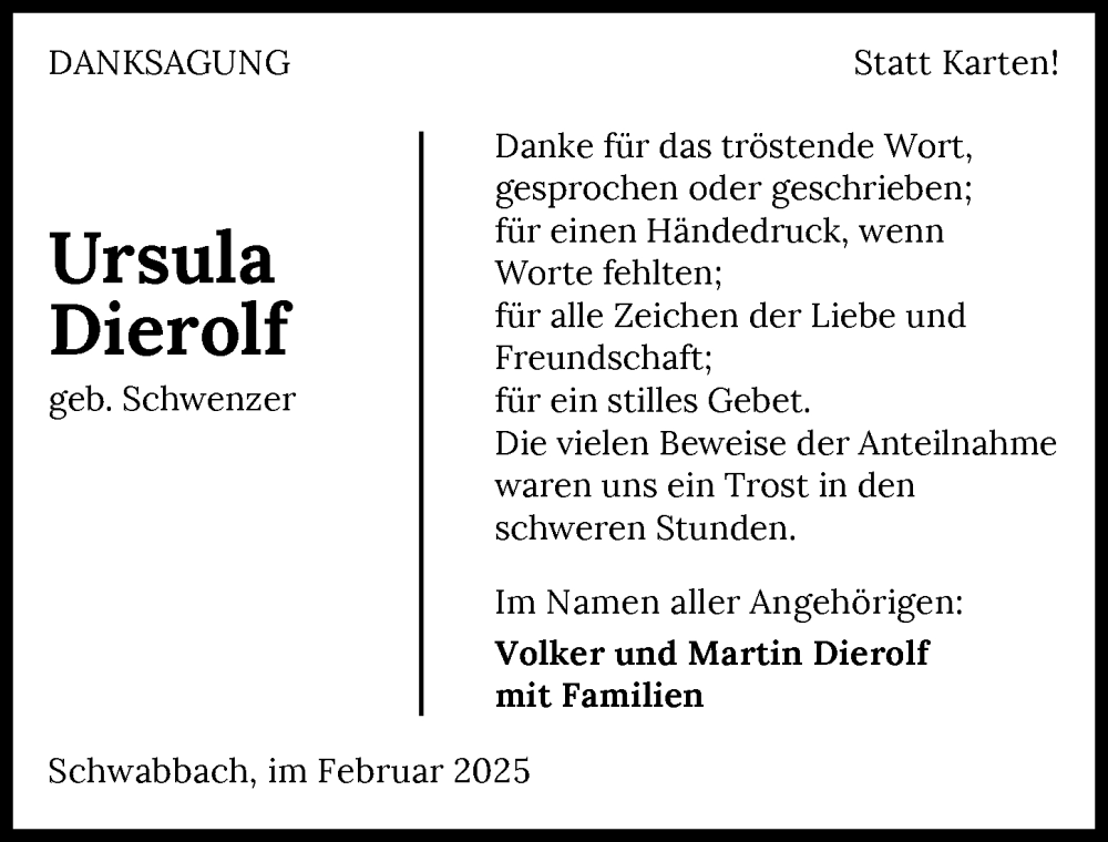  Traueranzeige für Ursula Dierolf vom 14.02.2025 aus GESAMT