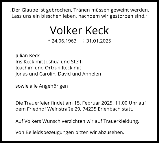 Traueranzeige von Volker Keck von GESAMT