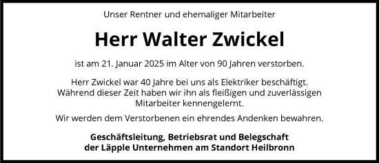 Traueranzeige von Walter Zwickel von GESAMT