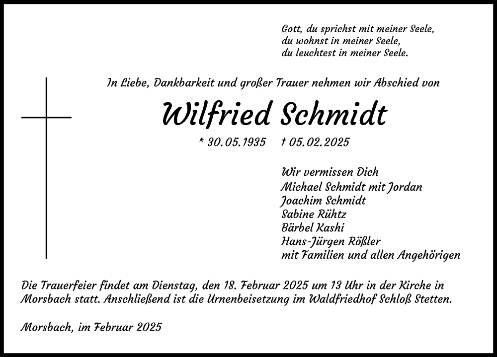  Traueranzeige für Wilfried Schmidt vom 15.02.2025 aus GESAMT