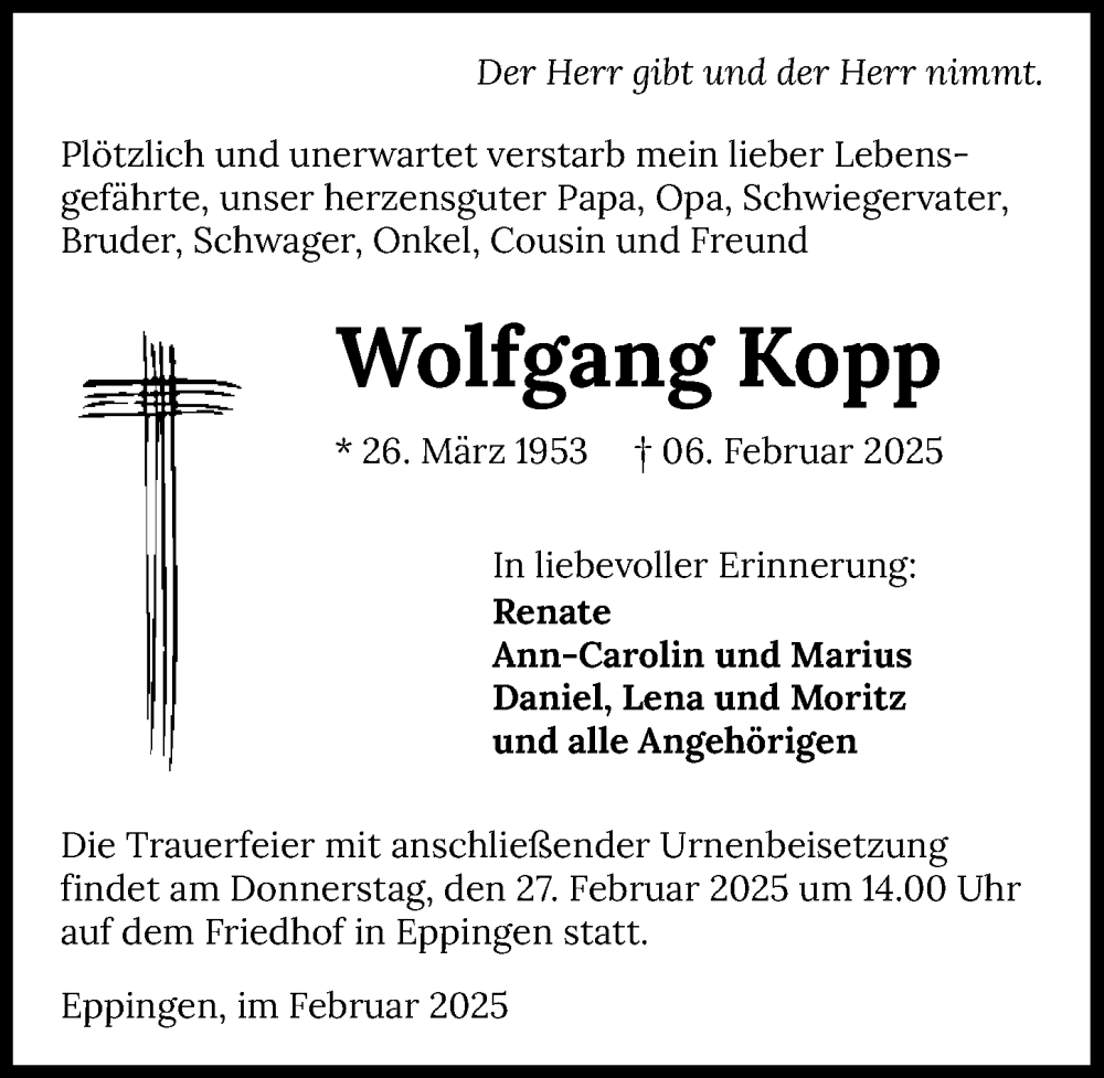  Traueranzeige für Wolfgang Kopp vom 20.02.2025 aus GESAMT
