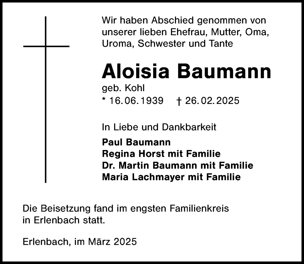  Traueranzeige für Aloisia Baumann vom 29.03.2025 aus GESAMT