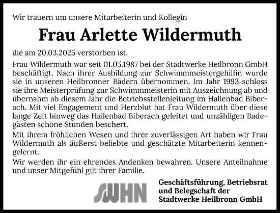 Traueranzeige von Arlette Wildermuth von GESAMT