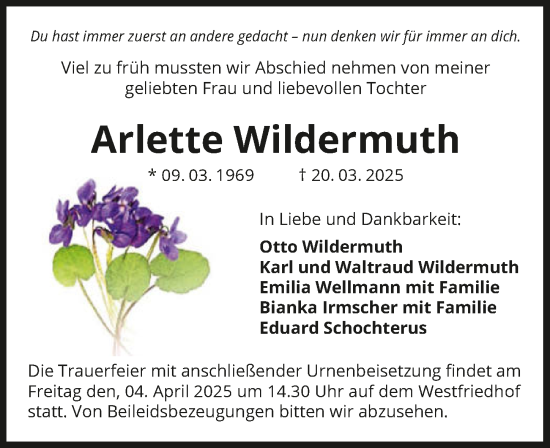 Traueranzeige von Arlette Wildermuth von GESAMT
