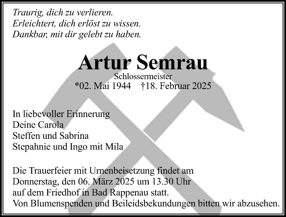  Traueranzeige für Artur Semrau vom 01.03.2025 aus GESAMT