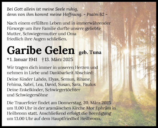 Traueranzeige von Garibe Gelen von GESAMT