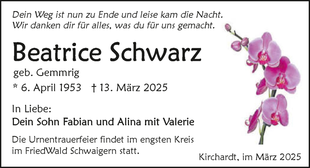  Traueranzeige für Beatrice Schwarz vom 22.03.2025 aus GESAMT