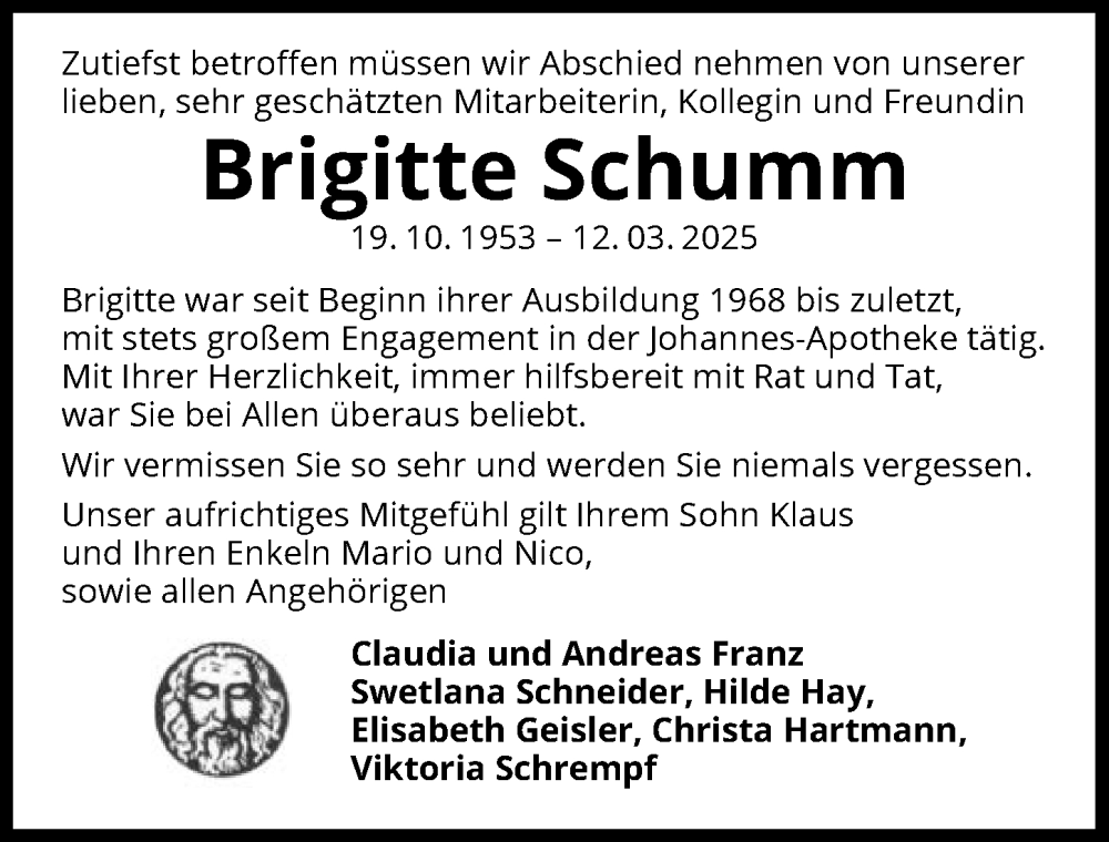  Traueranzeige für Brigitte Schumm vom 22.03.2025 aus GESAMT