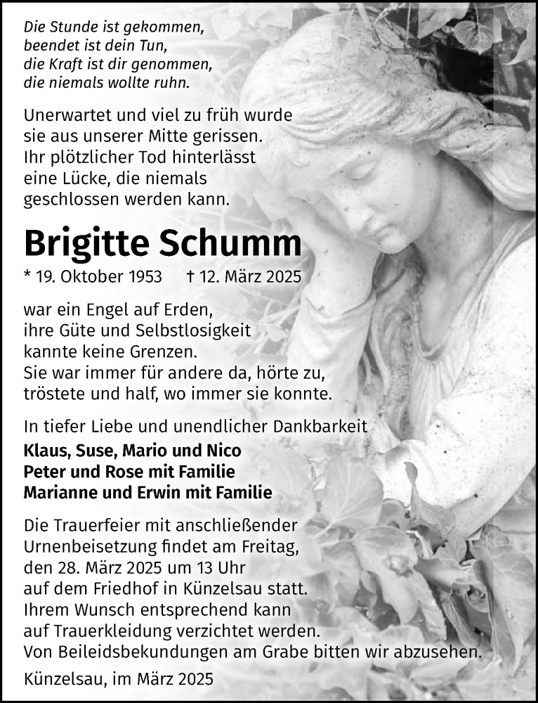  Traueranzeige für Brigitte Schumm vom 22.03.2025 aus GESAMT