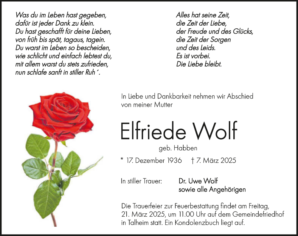  Traueranzeige für Elfriede Wolf vom 15.03.2025 aus GESAMT