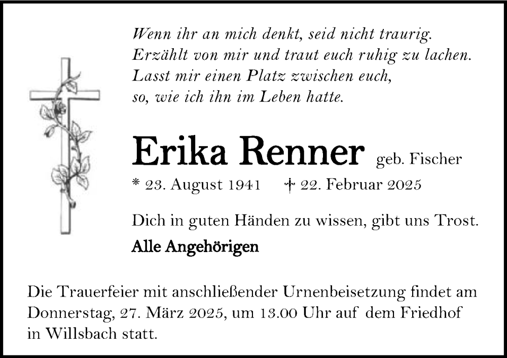  Traueranzeige für Erika Renner vom 22.03.2025 aus GESAMT