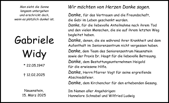 Traueranzeige von Gabriele Widy von GESAMT