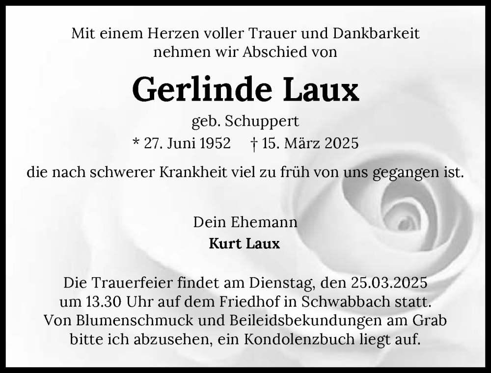  Traueranzeige für Gerlinde Laux vom 22.03.2025 aus GESAMT