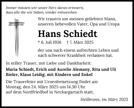 Traueranzeige von Hans Schiedt von GESAMT