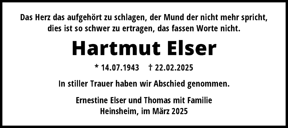  Traueranzeige für Hartmut Elser vom 15.03.2025 aus GESAMT